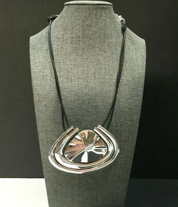 New CHICO'S BIG Abstract Geometric SILVER Pendant Necklace Black Cording R322n - Picture 1 of 9
