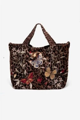 Bolso de Mano Johnny Was Penélope Terciopelo Bordado Mariposa Leopardo Marrón Nuevo con Etiquetas Foto 1 de 4