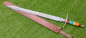 Handmade Damascus Steel Medieval Sword|Functional Viking Sword W/ Leather Sheath - Picture 1 of 16