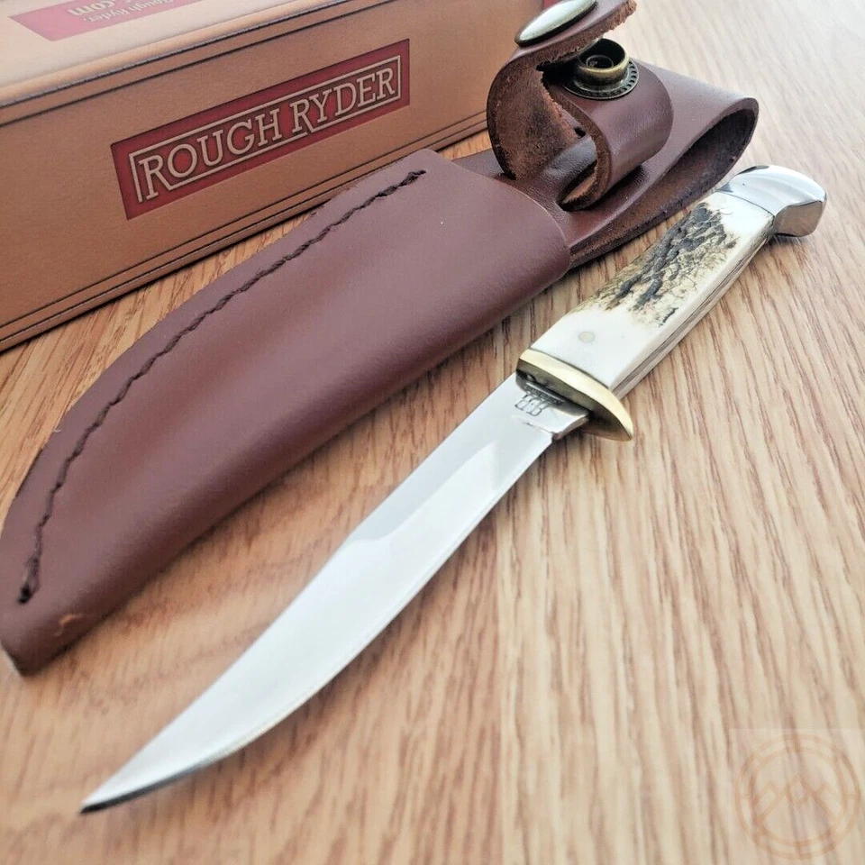 Rough Rider Knives 090 Small Hunter Fixed Blade With Genuine Stag Handles RR090
