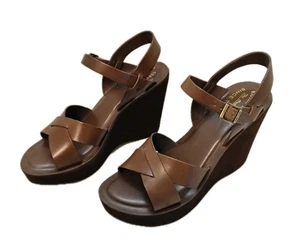 New Kork-Ease Women's Size 10 BROWN Leather Platform Wedge Open Toe Sandal - Picture 1 of 11