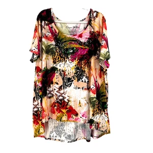 Onque Womens Leopard Floral Tunic Top Shirt 2X Multicolor Hi Low Hem Rhinestones - Picture 1 of 8