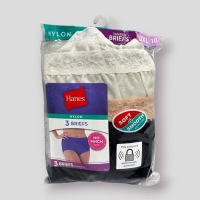 Women's Hanes Nylon Panties Brief Lace Waist 3-Pack Off-White Beige Black 10/3XL - Image 1 of 4