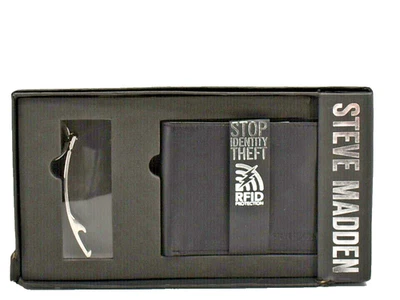 Steve Madden Men's Leather RFID Wallet + Bottle Opener Gift Set Black New in Box - Image 1 of 4