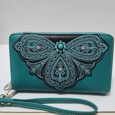Montana West Rhinestone Embroidery Flower Wallet Turquoise Wristlet Cowgirl  - Image 1 of 4