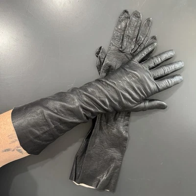 VTG Women Leather Black Long Gloves Fashion Driving Gloves Fine Glace Unlined - Image 1 of 4