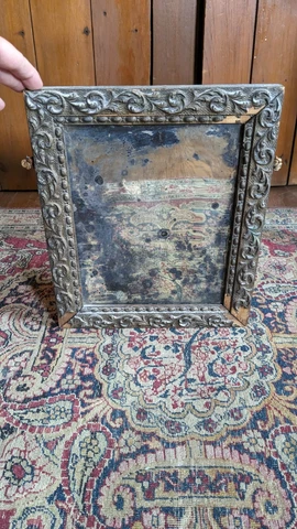 Sweet Antique Early Primitive Worn Wood Gold Framed Glass Shaving Mirror 12.75" Cover