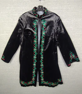 Vintage Womens Fur Coat Large Black Embroidered Asian Russian VTG Velour - Picture 1 of 10