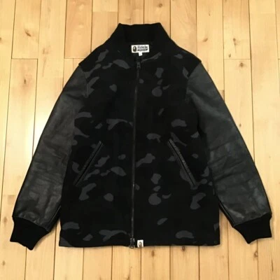 BAPE Leather sleeve varsity jacket black camo A Bathing Ape Size S - Image 1 of 4