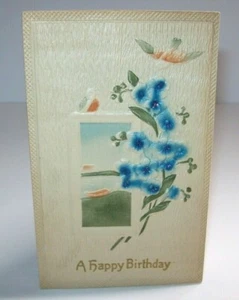 Happy Birthday Postcard Vintage Raised Image Blue Flowers Window Embossed 1917 - Picture 1 of 7