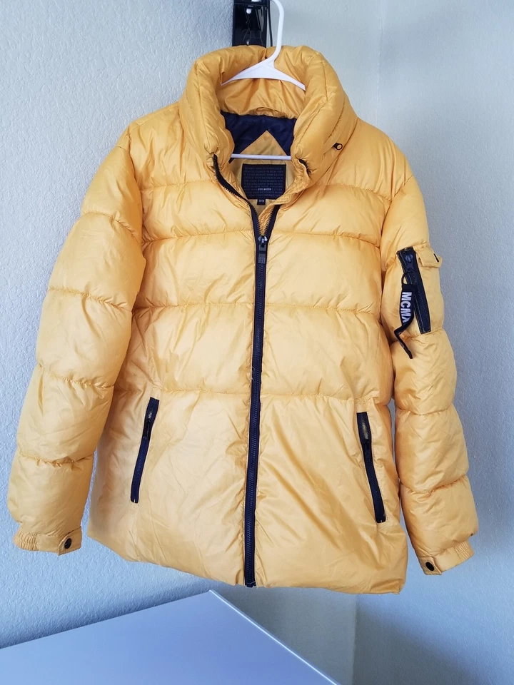 Steve Madden Puffer 外套男式 1XL 黄色和海军蓝内衬拉链 MCMXC1990 连帽  — 第 1/4 张图片