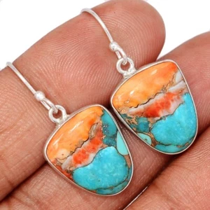Composite Spiny Oyster & Arizona Turquoise 925 Silver Earrings Jewelry CE50597 - Picture 1 of 1