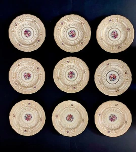 9 Vintage Black Knight 6.25" Cake Plates Hohenberg Bavaria Hollywood Floral Gilt - Picture 1 of 6