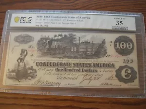 PCGS CERTIFIED 35,CHOICE VERY FINE, 1862 CONFEDERATE STATES OF AMERICA $100 BILL - Picture 1 of 5