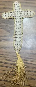 Antique Handmade Victorian Era Bookmark Religious Cross Bible Crochet 8” Yellow - Picture 1 of 14