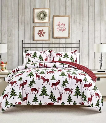 Christmas Tree Deer Buffalo Plaid King 3pc Reversible Comforter Set Fairfield Sq - Image 1 of 4