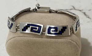 De Colección Taxco Panel Eslabón Pulsera Lapislázuli Incrustación Ónix México Esterlina 925- 6.5" - Imagen 1 de 11