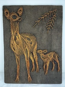 Vintage Copper Wire Art Deer Art Momma & Fawn String Mid Century Art 16x12 Inch - Picture 1 of 4