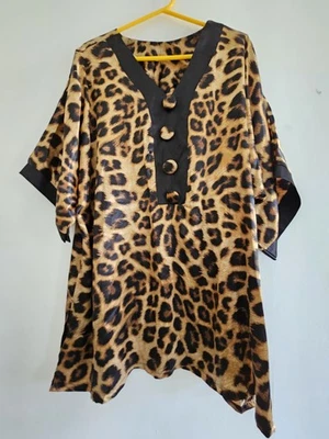 Chic Leopard Print VNeck Kaftan TunicTop Kimono Black Trim Buttons plus Size 28 - Image 1 of 4