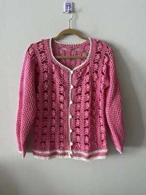 Handmade Pink Open Knit Crochet Cardigan Sweater Long Sleeve Womens Medium - Image 1 of 4