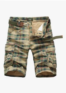 ICKER Men's Cargo Shorts Loose Fit Multi Pocket Cotton Yellow Plaid Size S 30W - Picture 1 of 10