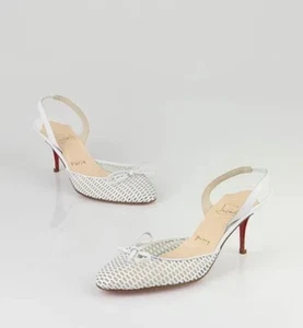 Christian Louboutin White Leather Mesh Quadrillette Slingback Heels Size 41 - Picture 1 of 8