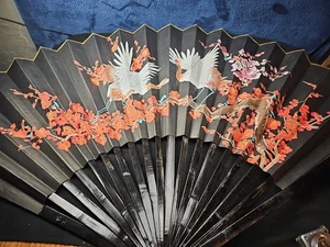 Vintage X-Large Asian Wall Fan Decor - Hand Painted Pre-owned 5ft X 3ft Birds - Picture 1 of 8