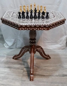 Handmade Indian Rosewood Carved Inlaid Luxry Chess Table With  32 Chess Pieces - Picture 1 of 3