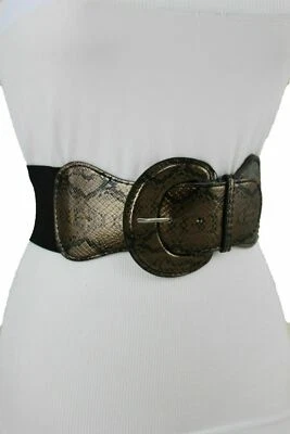 Cinturón elástico de piel de serpiente de imitación de cuero negro plateado cintura de cadera para mujer M L XL Foto 1 de 4