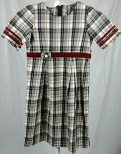 Girls Holiday Dress Size 6-7 Plaid Dress w/ Red Velvet Trim Handmade - Picture 1 of 11