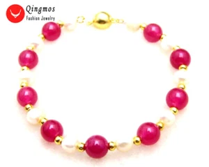 6-7mm White Natural Pearl Bracelet for Women Jewelry 8mm Rose Pink Jade 7.5'' - Picture 1 of 3
