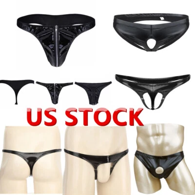 US Mens Shiny Patent Leather Briefs Underwear Gay Front Hole G-String Jockstrap - Image 1 of 2