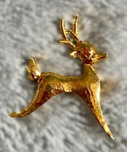 Christmas Holiday Gold Tone Reindeer Brooch Pin Amber Stone Eye Vintage - Picture 1 of 2