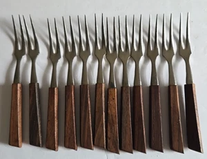 VTG Cocktail Appetizer Mini 4" Serving Forks Stainless Wood Handles Lot 12 Japan - Picture 1 of 3