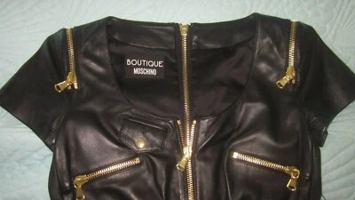 Vestido Moschino Negro Italiano OVEJA Cuero Dorado Pesado Cremallera Forrado IT40 EE. UU. 6 Foto 1 de 4