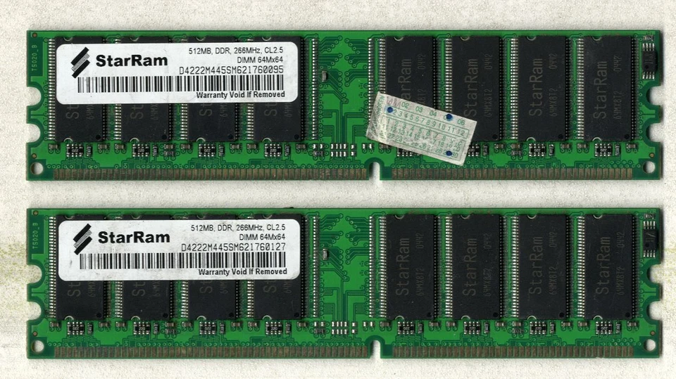 2 MEMORY RAM - StarRAM 512MB, DDR, 266MHz, CL2,5 DIMM 64Mx64 - USATO VINTAGE - Immagine 1 di 1