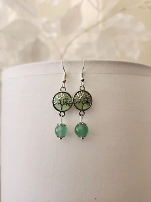 Green Tree Of Life Platinum Plated Aventurine Stone Earrings  - Image 1 of 4