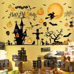 Happy Halloween Removable Wall Stickers Window Art Decoration Vinyl Witch Bats P - Picture 1 of 7