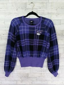 Sanrio Kuromi Womens Plaid Knit Bishop Sleeve Sweater Medium Purple Hello Kitty
