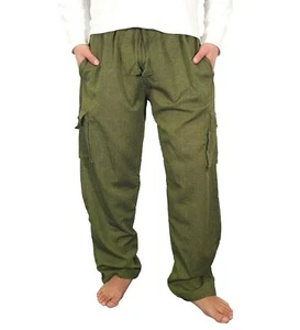 Mens Green Pants Cargo Pockets Cotton Hippie Yoga Comfy Meditation Boho Handmade - Bild 1 von 7