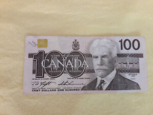 100 kanadische Dollar v. 1988, gebrauchte ältere Banknote