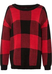 Karo-Pullover Gr. 32/34 Tiefrot Schwarz Kariert Damen Langarm Strickpullover Neu - Bild 1 von 1