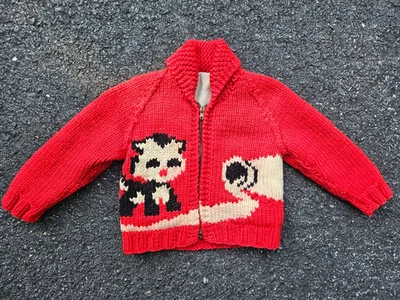 Suéter Vintage Niños Tejido Cowichan Cremallera Gato Talla Juvenil Foto 1 de 4