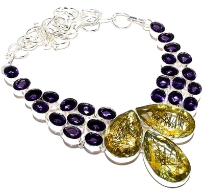 Collar de joyería hecho a mano de plata de ley 925 con piedras preciosas de cuarzo rutilado dorado Foto 1 de 4