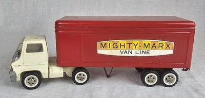 Semi-caminhão e reboque vintage Mighty Marx Van Lines aço prensado vermelho Japão - Imagem 1 de 4