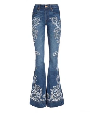 Alice + Olivia Crystal Embellished High Rise Bell Jeans Good Times Wash Size 24 - Image 1 of 4