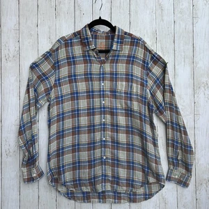 J McLaughlin Hemd Herren Large blau braun kariert 100% Leinen Langarm Knopf - Bild 1 von 8