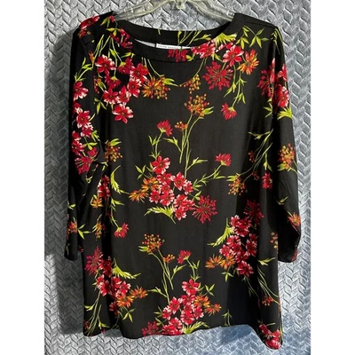 Camiseta de punto suave Susan Graver negra con impresionantes flores rojas XL fácil cuidado Foto 1 de 4