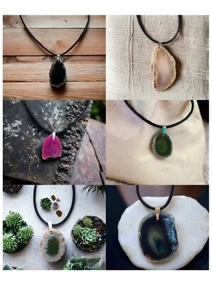 Collar Colgante Rebanada Ágata Cordón Cuero Gemas Unisex  Foto 1 de 2