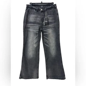 FLAMINGALS Women’s Pocket Detail Wide Leg Jeans Low Waist Size Medium Black NWT - Picture 1 of 8